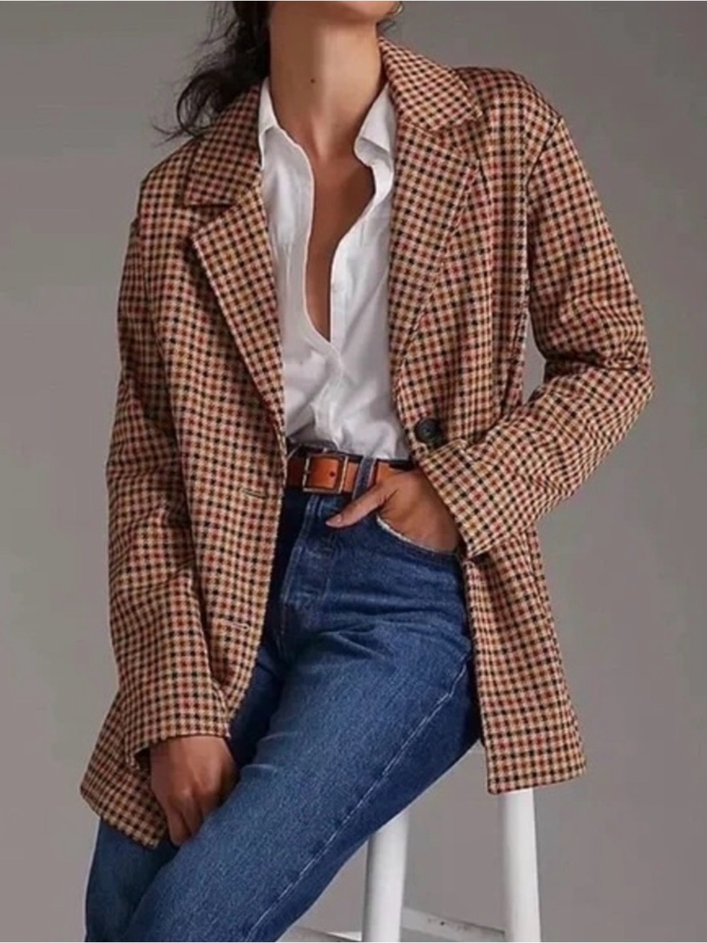 Avec Les Filles ANTHRO Tailored Blazer Jacket in Brown Plaid Size XL NEW NWT